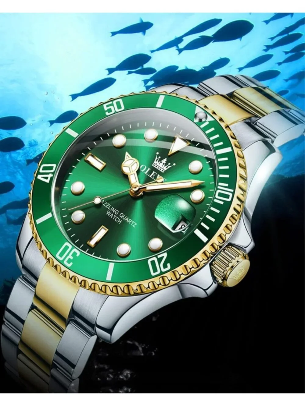 Men's Green Premium Gold and Silver Stainless Analog Rotatable Bezel Steel Watch